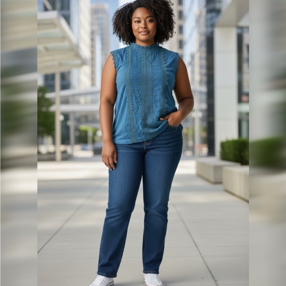 APT 9 Petite XL Teal Lace Blouse Sheer Embroidered Top